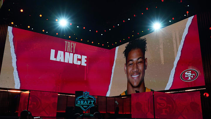 Apr 29, 2021; Cleveland, Ohio, USA; North Dakota State Bisons quarterback Trey Lance is displayed on the video board after being selected as the third pick by the San Francisco 49ers during the 2021 NFL Draft at First Energy Stadium. Mandatory Credit: Kirby Lee-Imagn Images Apr 29, 2021; Cleveland, Ohio, USA; North Dakota State Bisons quarterback Trey Lance is displayed on the video board after being selected as the third pick by the San Francisco 49ers during the 2021 NFL Draft at First Energy Stadium. Mandatory Credit: Kirby Lee-Imagn Images