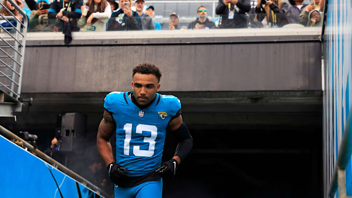 Jacksonville Jaguars wide receiver Christian Kirk (13) takes to the field before an NFL football game Sunday, Nov. 12, 2023 at EverBank Stadium in Jacksonville, Fla. The San Francisco 49ers defeated the Jacksonville Jaguars 34-3. 
