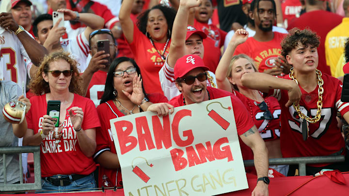Nov 10, 2024; Tampa, Florida, USA; San Francisco 49ers fans cheer after they beat the Tampa Bay Buccaneers at Raymond James Stadium. Mandatory Credit: Kim Klement Neitzel-Imagn Images Nov 10, 2024; Tampa, Florida, USA; San Francisco 49ers fans cheer after they beat the Tampa Bay Buccaneers at Raymond James Stadium. Mandatory Credit: Kim Klement Neitzel-Imagn Images