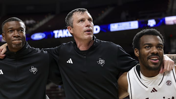 Nov 18, 2025; College Station, Texas, USA; Texas A&M Aggies head coach Bucky McMillan celebrates the win over  Montana Grizzlies at Reed Arena. Mandatory Credit: Maria Lysaker-Imagn Images 