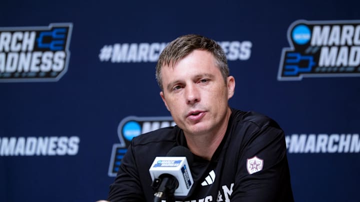 Texas A&M head men's basketball coach Bucky McMillan speaks to the media during practice and media day for the first round of the NCAA basketball tournament at Paycom Center in Oklahoma City, Okla., Wednesday March 18, 2026.