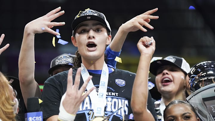Mar 8, 2025; Indianapolis, IN, USA; UCLA Bruins center Lauren Betts (51) reacts with her team after winning the Big Ten Conference Championship against USC Trojans at Gainbridge Fieldhouse. Mandatory Credit: Stephanie Amador Blondet-Imagn Images