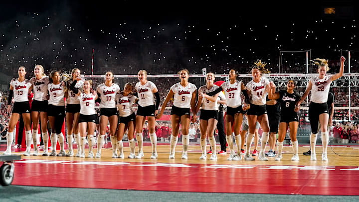 Nebraska celebrate during a presentation after defeating the Omaha Mavericks at Memorial Stadium. The Huskers will play another outdoor match this fall when they take on Missouri at Wrigley Field.