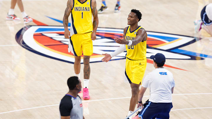 Jun 22, 2025; Oklahoma City, Oklahoma, USA; Indiana Pacers guard Bennedict Mathurin (00) reacts during the first half of game seven of the 2025 NBA Finals against the Oklahoma City Thunder at Paycom Center. Mandatory Credit: Alonzo Adams-Imagn Images