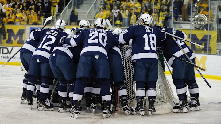 The Penn State men's hockey team huddles prior to a Big Ten Tournament game against the Michigan Wolverines.