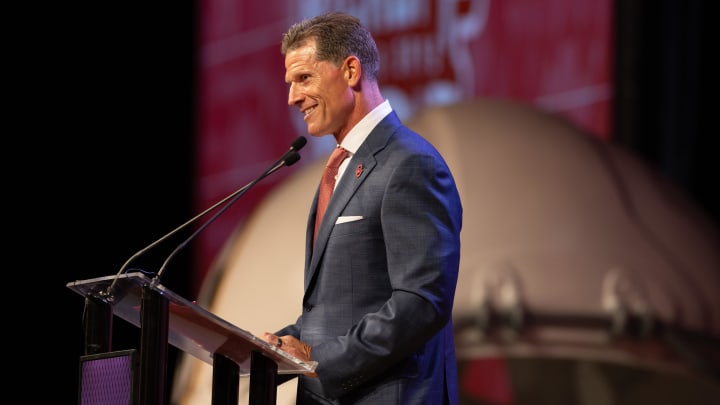 Jul 16, 2024; Dallas, TX, USA; Oklahoma head coach Brent Venables speaking at Omni Dallas Hotel. Mandatory Credit: Brett Patzke-USA TODAY Sports Jul 16, 2024; Dallas, TX, USA; Oklahoma head coach Brent Venables speaking at Omni Dallas Hotel. Mandatory Credit: Brett Patzke-USA TODAY Sports