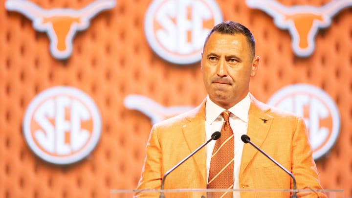 Jul 17, 2024; Dallas, TX, USA; Texas head coach Steve Sarkisian speaking at Omni Dallas Hotel. 