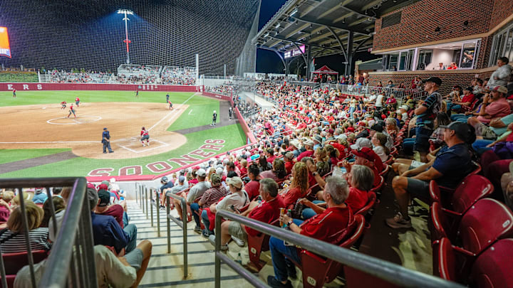 Fans fill the stands during an exhibition NCAA softball game between Oklahoma and Oklahoma Christian at Love’s Field in Norman, Okla., on Wednesday, Oct. 15, 2025.