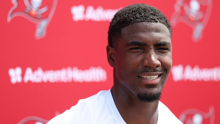 Jun 10, 2025; Tampa Bay, FL, USA; Tampa Bay Buccaneers running back Rachaad White (1) gives a press conference after mini camp at AdventHealth Training Center. Mandatory Credit: Nathan Ray Seebeck-Imagn Images Jun 10, 2025; Tampa Bay, FL, USA; Tampa Bay Buccaneers running back Rachaad White (1) gives a press conference after mini camp at AdventHealth Training Center. Mandatory Credit: Nathan Ray Seebeck-Imagn Images