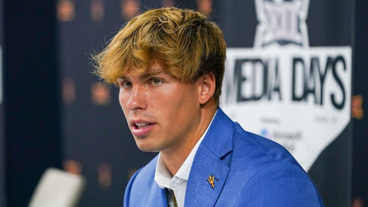 Jul 8, 2025; Frisco, TX, USA; Arizona State quarterback Sam Leavitt answers questions from the media during 2025 Big 12 Football Media Days at The Star. Mandatory Credit: Raymond Carlin III-Imagn Images