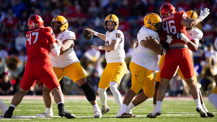 Nov 30, 2024; Tucson, Arizona, USA; Arizona State Sun Devils quarterback Sam Leavitt (10) against the Arizona Wildcats in the first half during the Territorial Cup at Arizona Stadium. Mandatory Credit: Mark J. Rebilas-Imagn Images