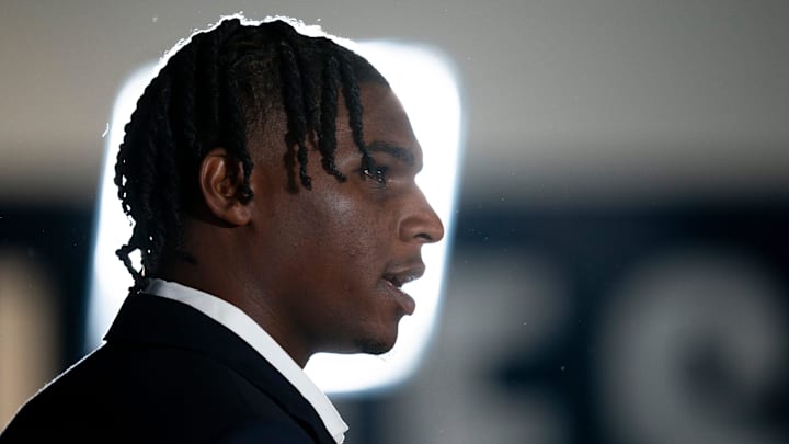 Cam Ward fields questions after being introduced as the Tennessee Titans first-round pick.