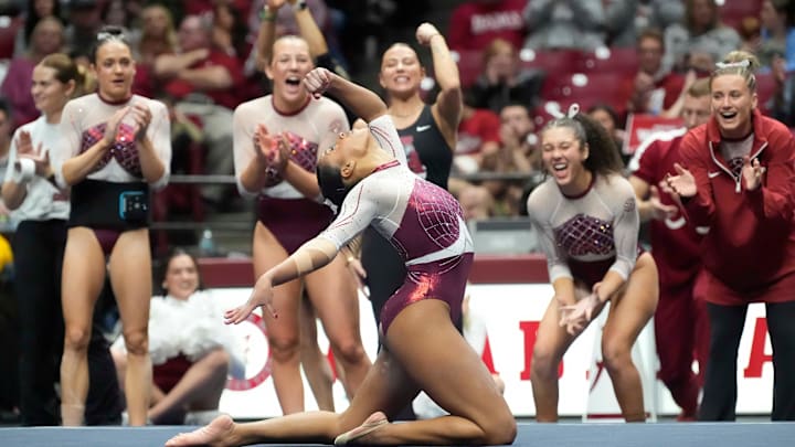 Alabama's Shania Adams finishes her floor routine during the meet against North Carolina Friday, Jan. 10, 2025. Alabama's Shania Adams finishes her floor routine during the meet against North Carolina Friday, Jan. 10, 2025.