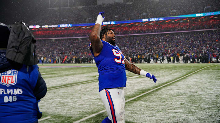 Jan 19, 2025; Orchard Park, New York, USA; Buffalo Bills defensive tackle Jordan Phillips (97) celebrates after win over Ravens.
