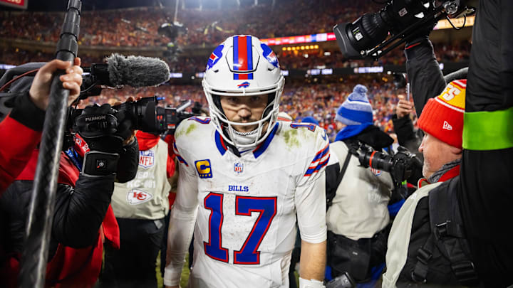 Jan 26, 2025; Kansas City, MO, USA; Buffalo Bills quarterback Josh Allen (17) reacts as he walks off the field after losing to the Kansas City Chiefs during the AFC Championship game at GEHA Field at Arrowhead Stadium Jan 26, 2025; Kansas City, MO, USA; Buffalo Bills quarterback Josh Allen (17) reacts as he walks off the field after losing to the Kansas City Chiefs during the AFC Championship game at GEHA Field at Arrowhead Stadium