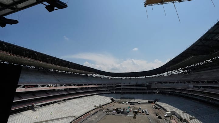 Construction continues on the Buffalo Bills new stadium, across the street from their current home at Highmark Stadium, in Orchard Park, NY Thursday, July 10, 2025. This is the view from one of the end zone’s looking out into the stadium.