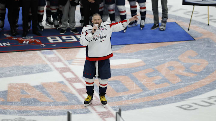 Apr 6, 2025; Elmont, New York, USA; Washington Capitals left wing Alex Ovechkin (8) speaks after scoring in the during the second period during the game against the New York Islanders at UBS Arena. Ovechkin scored the 895th goal of his career, breaking the NHL all-time career goals record previously held by Wayne Gretzky at UBS Arena. Mandatory Credit: Geoff Burke-Imagn Images Apr 6, 2025; Elmont, New York, USA; Washington Capitals left wing Alex Ovechkin (8) speaks after scoring in the during the second period during the game against the New York Islanders at UBS Arena. Ovechkin scored the 895th goal of his career, breaking the NHL all-time career goals record previously held by Wayne Gretzky at UBS Arena. Mandatory Credit: Geoff Burke-Imagn Images