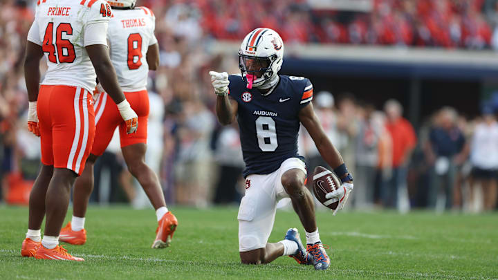 Auburn, Alabama, USA;  Auburn Tigers wide receiver Cam Coleman (8) celebrates after making a catch for a first down against the Mercer Bears during the fourth quarter at Jordan-Hare Stadium.