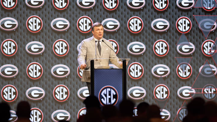 Jul 16, 2024; Dallas, TX, USA; Georgia head coach Kirby Smart speaking at Omni Dallas Hotel. Mandatory Credit: Brett Patzke-USA TODAY Sports