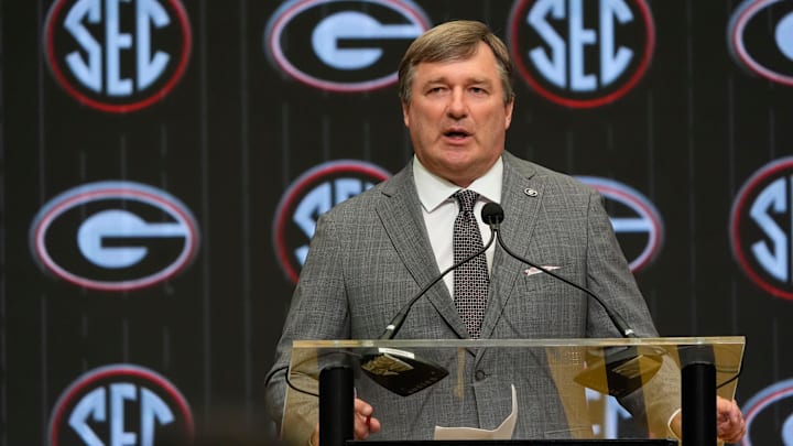 July 15, 2025; Atlanta, GA, USA; Georgia head coach Kirby Smart speaks in the Main Media Room during SEC Media Days at the College Football Hall of Fame in Atlanta.