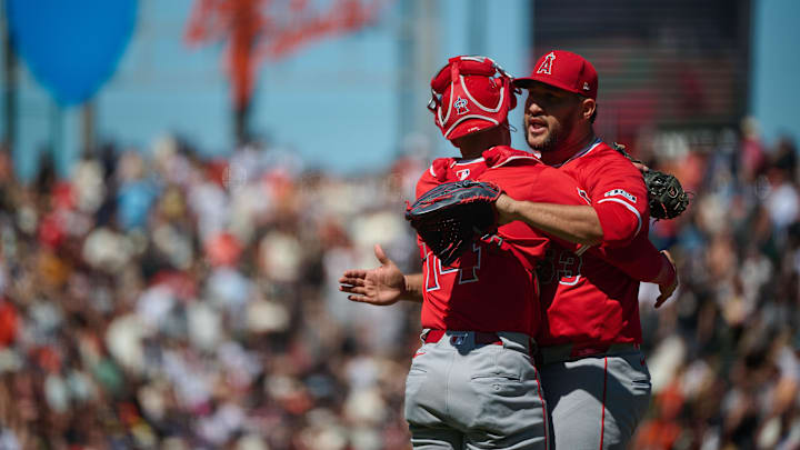 Jun 15, 2024; San Francisco, California, USA; Los Angeles Angels pitcher Carlos Estevez (53) celebrates with catcher Logan O'Hoppe (14) after the last out of the game against the San Francisco Giants at Oracle Park. Mandatory Credit: Robert Edwards-Imagn Images
