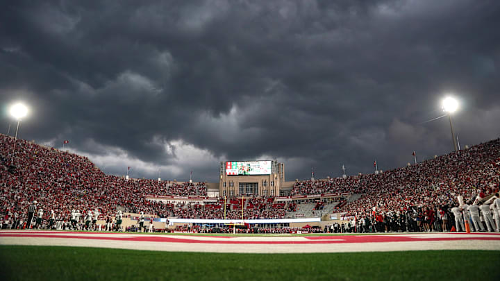 Storm clouds roll in during the first half between Indiana and Michigan State on Oct. 18, 2025, at Memorial Stadium. Storm clouds roll in during the first half between Indiana and Michigan State on Oct. 18, 2025, at Memorial Stadium.