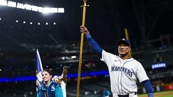 Seattle Mariners designated hitter Jorge Polanco raises the trident after a win against the Los Angeles Angels on April 29 at T-Mobile Park. Seattle Mariners designated hitter Jorge Polanco raises the trident after a win against the Los Angeles Angels on April 29 at T-Mobile Park.