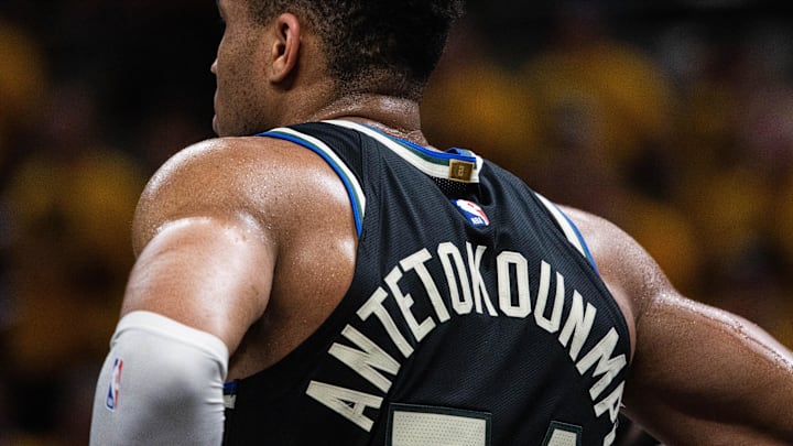 Apr 29, 2025; Indianapolis, Indiana, USA; Milwaukee Bucks forward Giannis Antetokounmpo (34) during game five of the first round for the 2024 NBA Playoffs against the Indiana Pacers at Gainbridge Fieldhouse. Mandatory Credit: Trevor Ruszkowski-Imagn Images