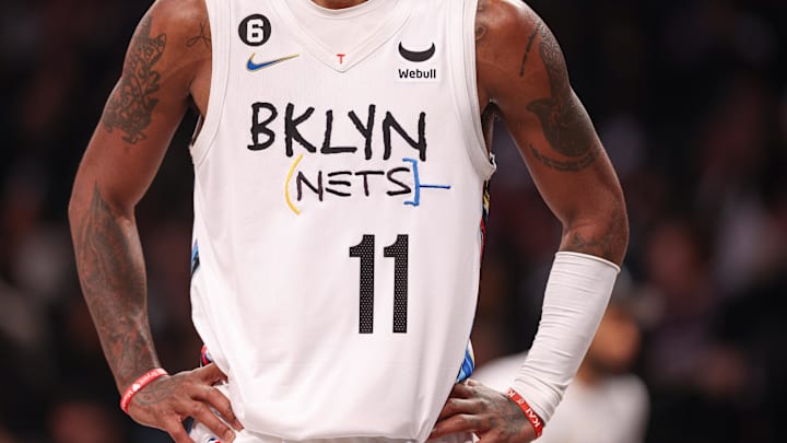 Dec 7, 2022; Brooklyn, New York, USA; A view of the jersey worn by Brooklyn Nets guard Kyrie Irving (11) during the first half against the Charlotte Hornets at Barclays Center. Mandatory Credit: Vincent Carchietta-Imagn Images