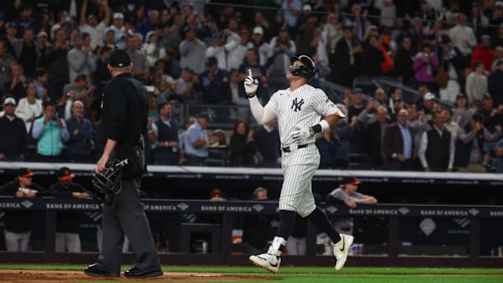 Sep 24, 2024; Bronx, New York, USA; New York Yankees center fielder Aaron Judge (99) celebrates while running the base after hitting a solo home run during the fourth inning against the Baltimore Orioles at Yankee Stadium. Mandatory Credit: Vincent Carchietta-Imagn Images Sep 24, 2024; Bronx, New York, USA; New York Yankees center fielder Aaron Judge (99) celebrates while running the base after hitting a solo home run during the fourth inning against the Baltimore Orioles at Yankee Stadium. Mandatory Credit: Vincent Carchietta-Imagn Images