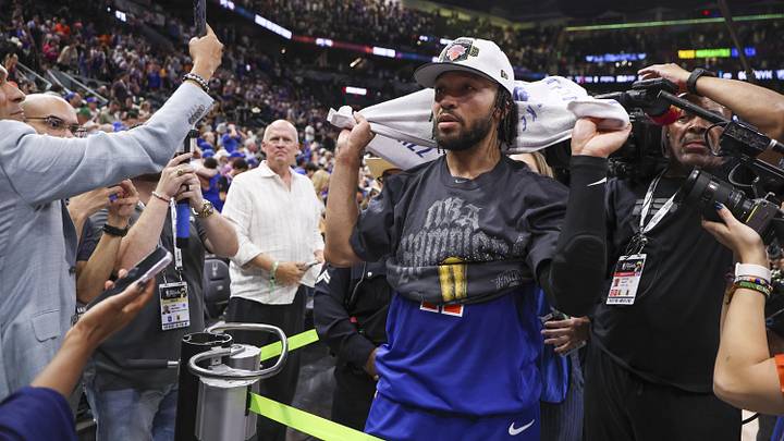 New York Knicks guard Jalen Brunson (11) walks off the court after the Knicks defeat the San Antonio Spurs during game five of the 2026 NBA Finals at Frost Bank Center. New York Knicks guard Jalen Brunson (11) walks off the court after the Knicks defeat the San Antonio Spurs during game five of the 2026 NBA Finals at Frost Bank Center.