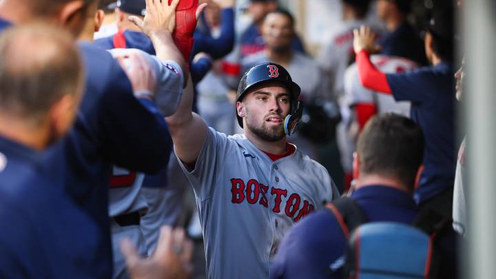 Jun 19, 2026; Seattle, Washington, USA; Boston Red Sox infielder Caleb Durbin (5) celebrates after scoring in the sixth inning against the Seattle Mariners at T-Mobile Park. Mandatory Credit: Kevin Ng-Imagn Images