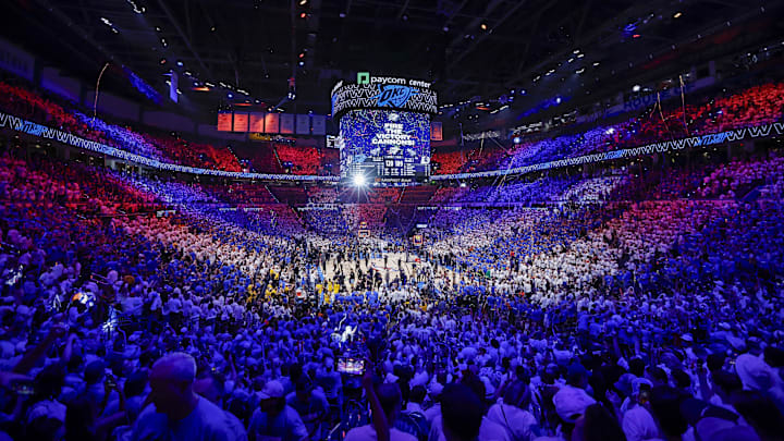 Jun 16, 2025; Oklahoma City, Oklahoma, USA; Fans celebrate the Oklahoma City Thunder beating the Indiana Pacers in Game 5 of the 2025 NBA Finals at Paycom Center. Mandatory Credit: Alonzo Adams-Imagn Images
