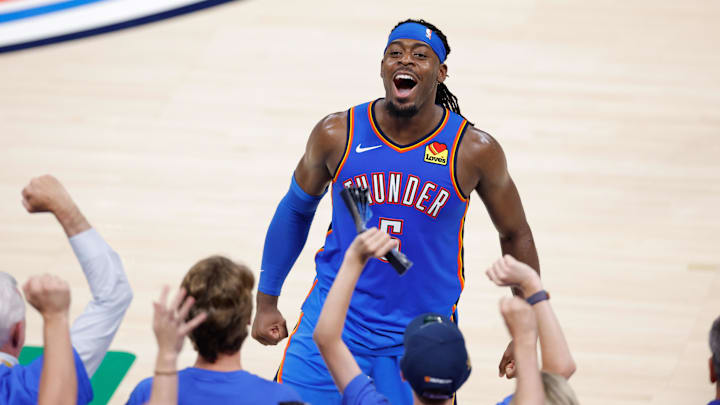 Jun 22, 2025; Oklahoma City, Oklahoma, USA; Oklahoma City Thunder guard Luguentz Dort (5) celebrates after a play against the Indiana Pacers during the second half during game seven of the 2025 NBA Finals at Paycom Center. Mandatory Credit: Alonzo Adams-Imagn Images Jun 22, 2025; Oklahoma City, Oklahoma, USA; Oklahoma City Thunder guard Luguentz Dort (5) celebrates after a play against the Indiana Pacers during the second half during game seven of the 2025 NBA Finals at Paycom Center. Mandatory Credit: Alonzo Adams-Imagn Images