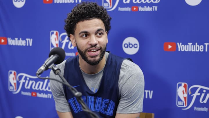 Jun 4, 2025; Oklahoma City, OK, USA; Oklahoma City Thunder guard Ajay Mitchell (25) during NBA Finals Media Day at Paycom Center. Mandatory Credit: Alonzo Adams-Imagn Images
