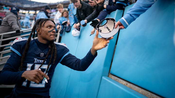 Tennessee Titans wide receiver DeAndre Hopkins (10) greets fans after defeating Jacksonville Jaguars 28-20 at Nissan Stadium in Nashville, Tenn., Sunday, Jan. 7, 2024.