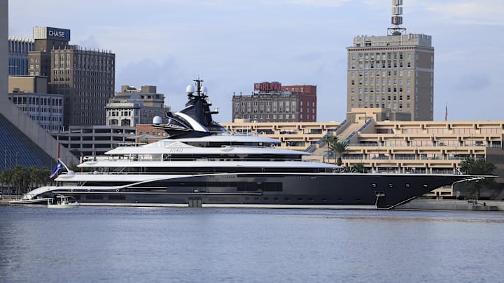 Jacksonville Jaguars owner Shad Khan's new megayacht, Kismet, is shown docked on the St. Johns River near the Hyatt Regency Jacksonville Riverfront on Monday, Nov. 11, 2024, in Jacksonville, Fla.