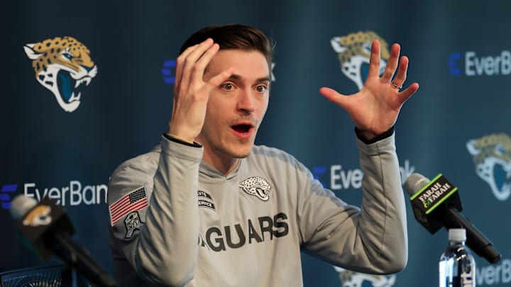 Jacksonville Jaguars general manager James Gladstone speaks during a press conference at Miller Electric Center Tuesday, April 15, 2025 in Jacksonville, Fla. [Corey Perrine/Florida Times-Union]