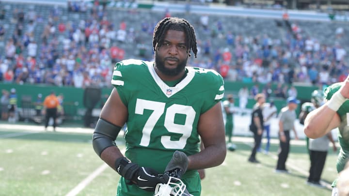 Sep 14, 2025; East Rutherford, New Jersey, USA; New York Jets offensive tackle Chukwuma Okorafor (79) after the game against the Buffalo Bills at MetLife Stadium. Mandatory Credit: Vincent Carchietta-Imagn Images