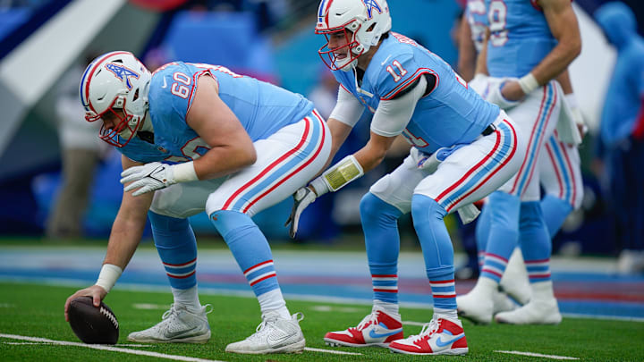 Tennessee Titans quarterback Mason Rudolph (11) warms up before the game against the Houston Texans at Nissan Stadium in Nashville, Tenn., Sunday, Jan. 5, 2025.