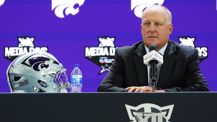 Jul 8, 2025; Frisco, TX, USA; Kansas State head coach Chris Klieman addresses the media during 2025 Big 12 Football Media Days at The Star. Mandatory Credit: Raymond Carlin III-Imagn Images
