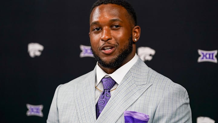 Kansas State linebacker Des Purnell answers questions from the media during 2025 Big 12 Football Media Days at The Star. 