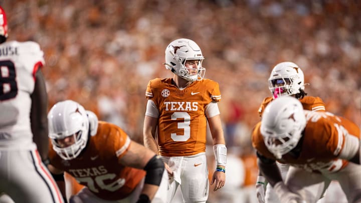 Oct 19, 2024; Austin, Texas, USA; Texas Longhorns quarterback Quinn Ewers (3) in the third quarter against the Georgia Bulldogs at Darrell K Royal-Texas Memorial Stadium. Mandatory Credit: Brett Patzke-Imagn Images