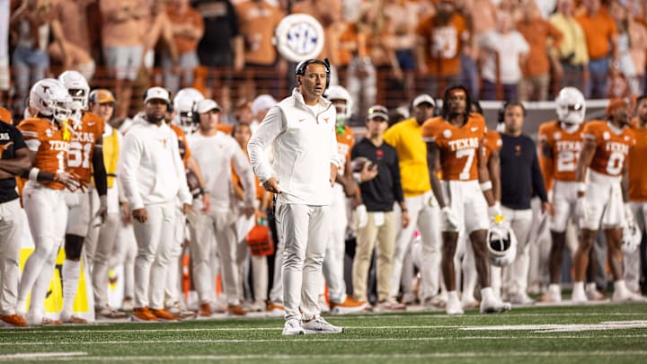 Oct 19, 2024; Austin, Texas, USA; Texas Longhorns head coach Steve Sarkisian in the third quarter against the Georgia Bulldogs at Darrell K Royal-Texas Memorial Stadium. Mandatory Credit: Brett Patzke-Imagn Images