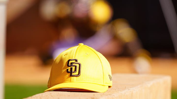 Feb 12, 2024; Peoria, AZ, USA; A general view of a hat belonging to a member of the San Diego Padres during a workout day at Peoria Sports Complex. Mandatory Credit: Allan Henry-Imagn Images
Feb 12, 2024; Peoria, AZ, USA; A general view of a hat belonging to a member of the San Diego Padres during a workout day at Peoria Sports Complex. Mandatory Credit: Allan Henry-Imagn Images