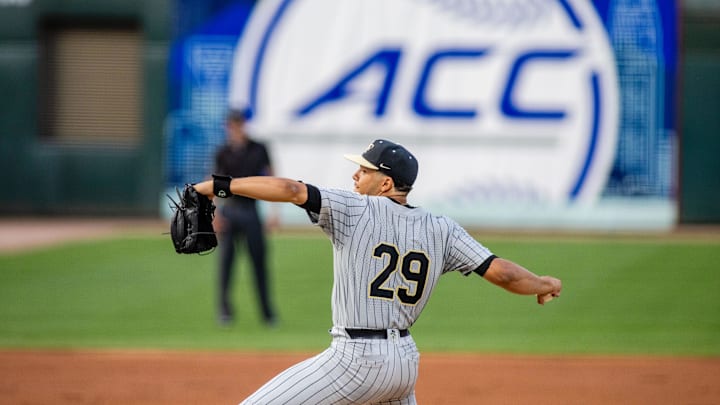 Wake Forest pitcher Chase Burns (29) comes out for the second inning against the North Carolina Tar Heels during the ACC Baseball Tournament at Truist Field in 2024. Wake Forest pitcher Chase Burns (29) comes out for the second inning against the North Carolina Tar Heels during the ACC Baseball Tournament at Truist Field in 2024.