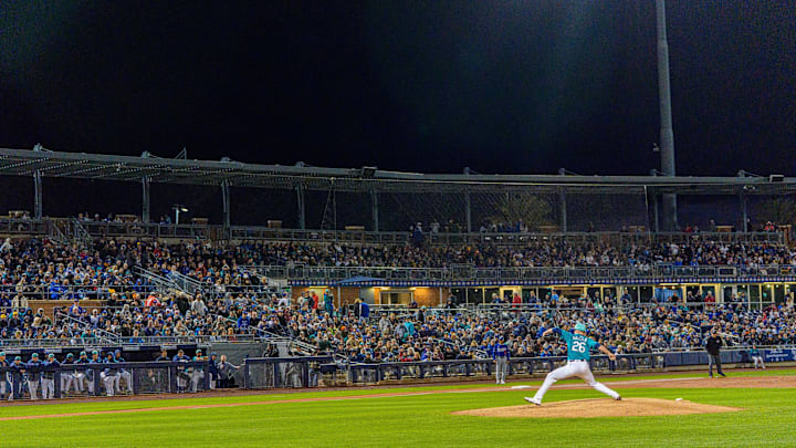 Seattle Mariners pitcher Emerson Hancock (26) on the mound during the first inning of a spring training game between the Los Angeles Dodgers and Seattle Mariners at Peoria Sports Complex on March 7. Seattle Mariners pitcher Emerson Hancock (26) on the mound during the first inning of a spring training game between the Los Angeles Dodgers and Seattle Mariners at Peoria Sports Complex on March 7.