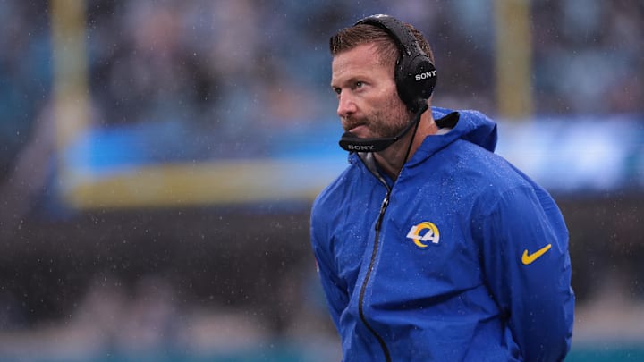 Nov 30, 2025; Charlotte, North Carolina, USA; Los Angeles Rams head coach Sean McVay looks on during the third quarter against the Carolina Panthers at Bank of America Stadium. Mandatory Credit: Scott Kinser-Imagn Images