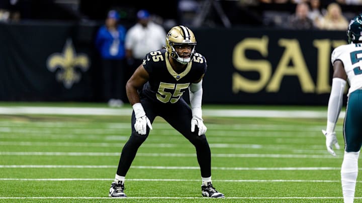 Sep 22, 2024; New Orleans, Louisiana, USA; New Orleans Saints defensive end Isaiah Foskey (55) waits for the kick by the Philadelphia Eagles during the first half at Caesars Superdome. Mandatory Credit: Stephen Lew-Imagn Images Sep 22, 2024; New Orleans, Louisiana, USA; New Orleans Saints defensive end Isaiah Foskey (55) waits for the kick by the Philadelphia Eagles during the first half at Caesars Superdome. Mandatory Credit: Stephen Lew-Imagn Images