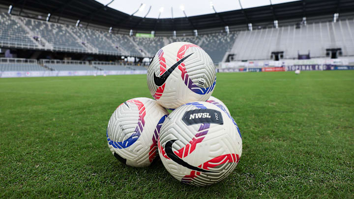 The National Women's Soccer League Nike balls sit on the field at Racing Louisville's stadium in Kentucky. 